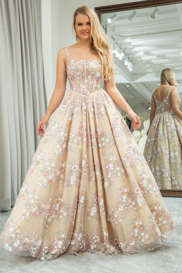 Champagne A Line Princess Corset Prom Dress with Embroidered